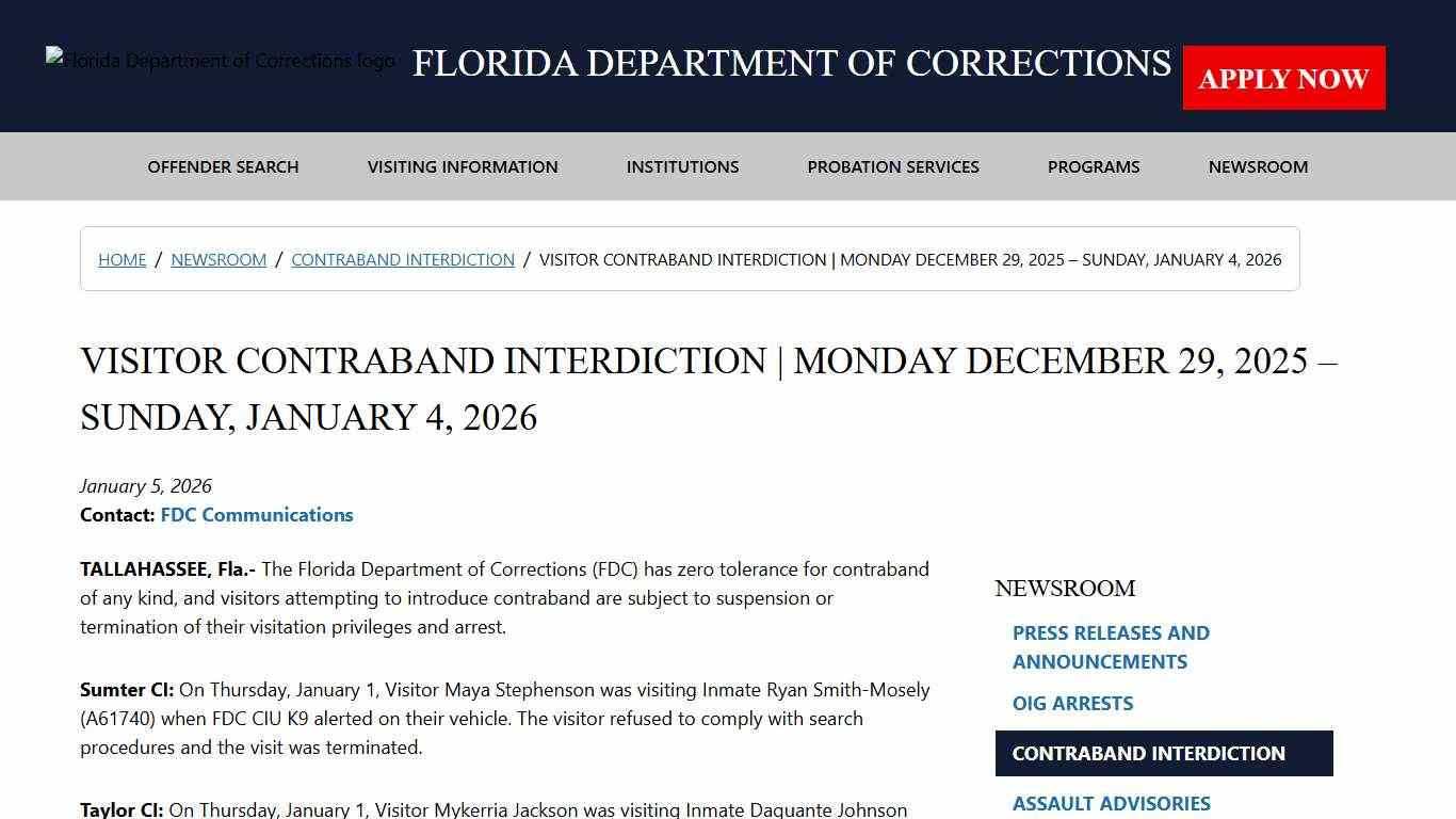 VISITOR CONTRABAND INTERDICTION Monday December 29, 2025 – Sunday, January 4, 2026 / Contraband Interdiction / Newsroom - Florida Department of Corrections
