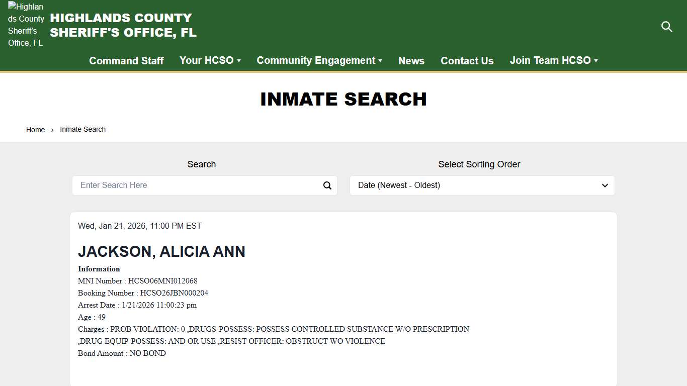 Inmate Search Highlands County Sheriff’s Office, FL